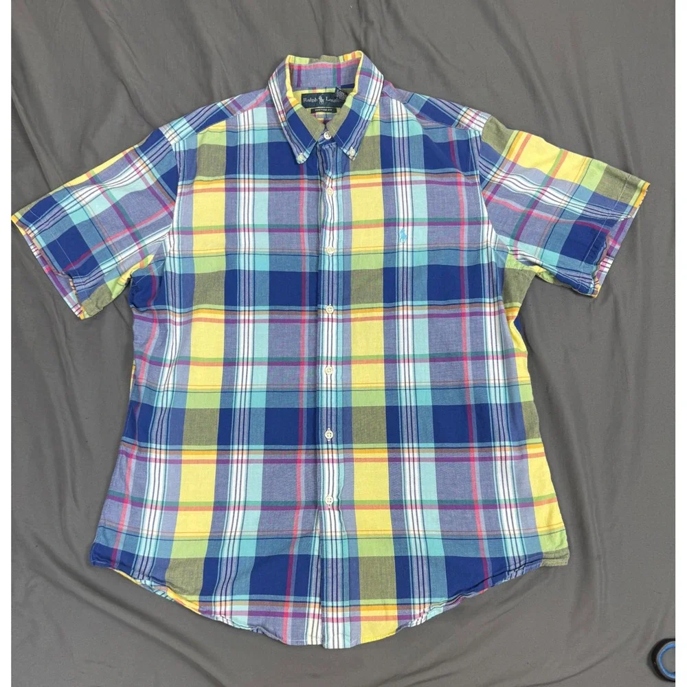 Polo Ralph Lauren Mens Large Custom Fit Plaid S/S Button Down Shirt Blue